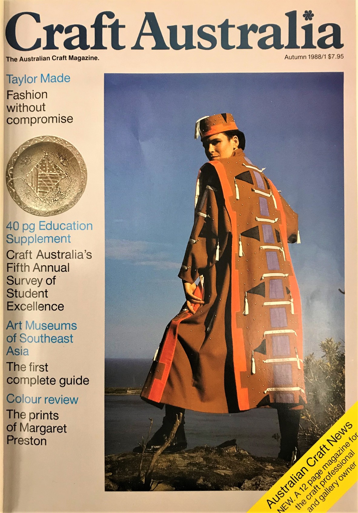 Image of front cover of Craft Australia magazine from Autumn 1988 with a woman wearing a brown and orange coat with matching hat