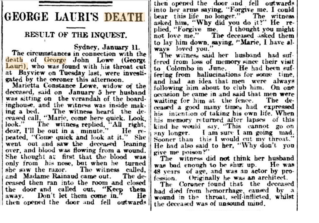 Image of an article about George Lauri's death in Trove