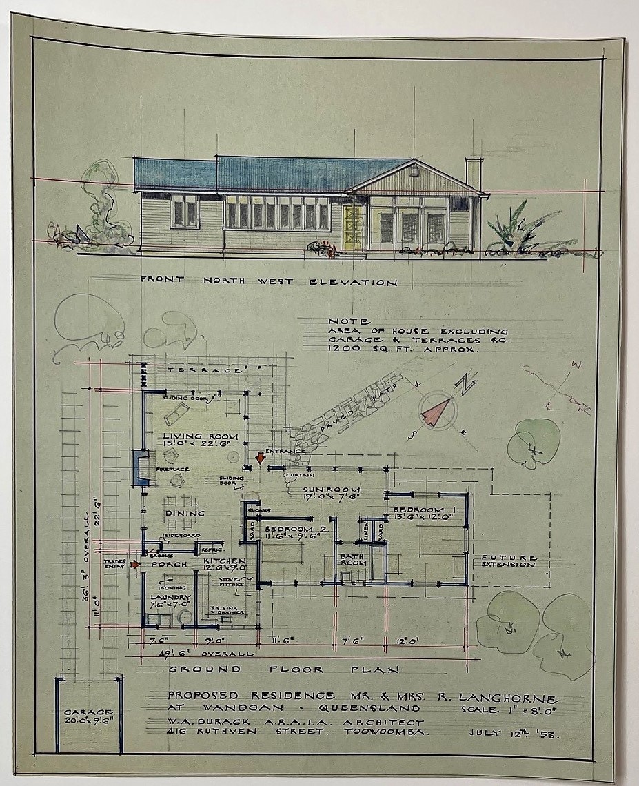 North-west (front) elevation and floor plan for Langhorne residence at Wandoan, Queensland, July 1953. William Durack.