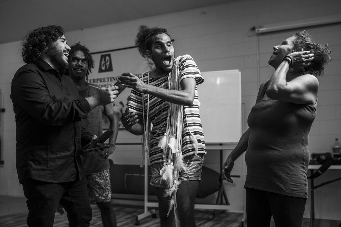 Deaf Indigenous Dance Group members laughing together during rehearsals in Cairns, July 2021.