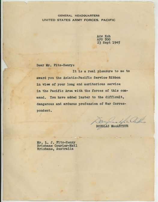 Letter to Leslie James Fitz-Henry from General McArthur for his contributions to the war effort, 1945