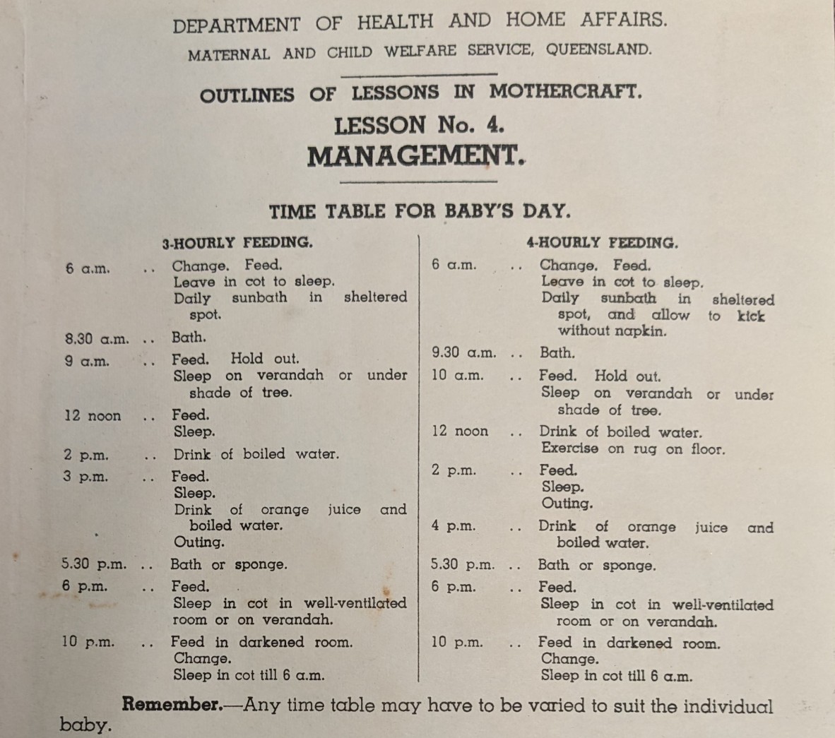 Outlines of lessons in mothercraft, lesson no 4 management. Time table for baby's day