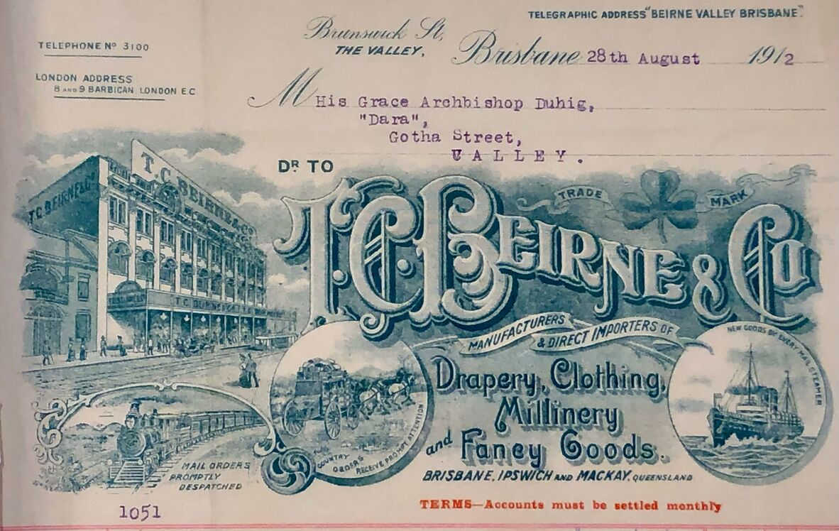Letterhead on a 1912 invoice from T C Beirne to James Duhig Brisbane Archdiocesan Archives