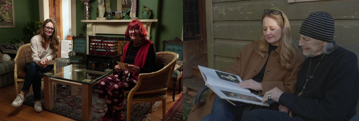 Composite of woman sitting at table with her mother and reading with her father
