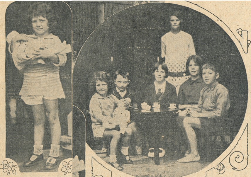 Two photos - left photo of child holding doll, right photo of 5 children sitting around a small table with tea set on it.