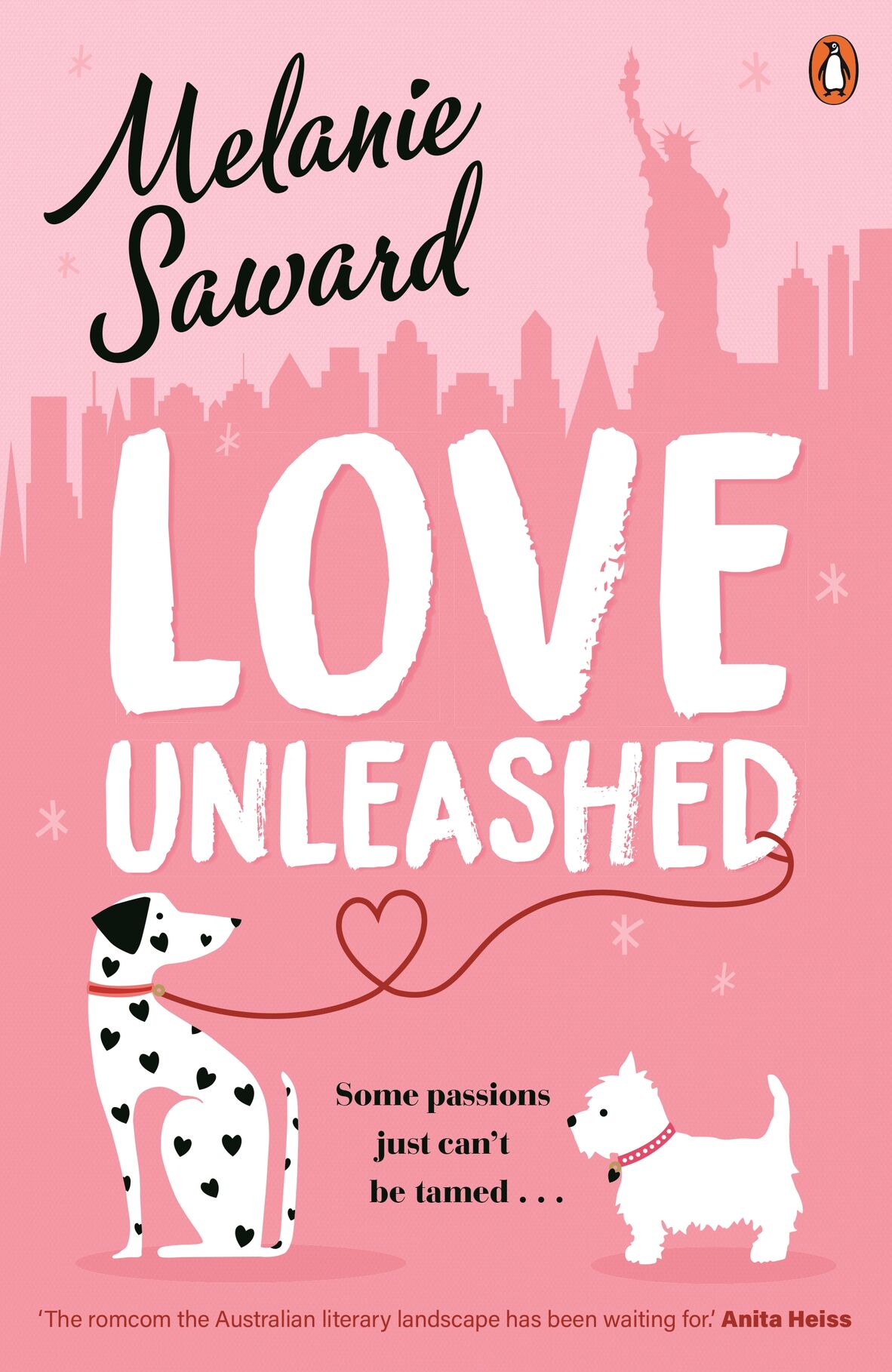 Cover of Love Unleashed by Melanie Saward. The cover is pink with illustrations of the New York City skyline and two dogs.