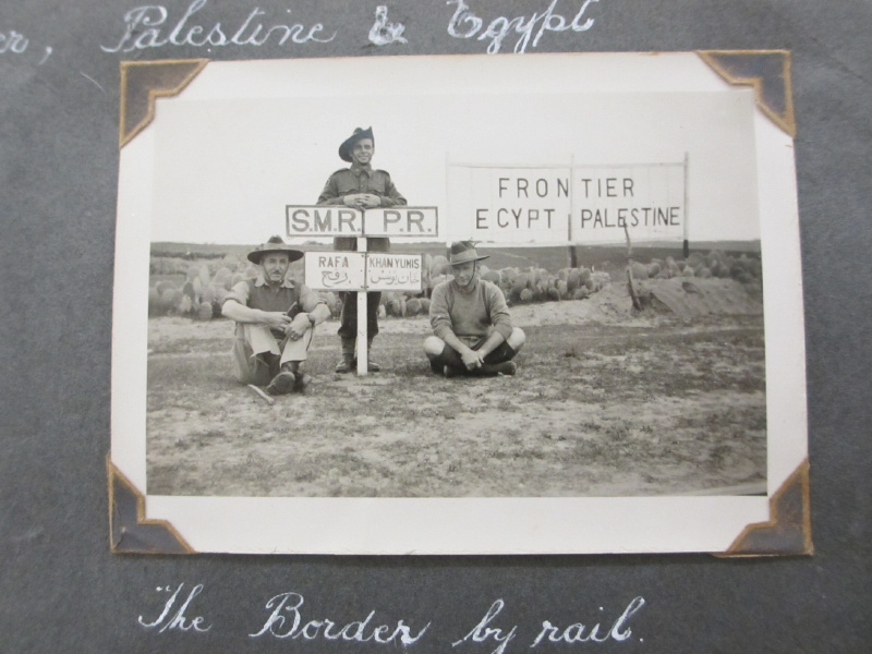 Photograph of Lt Patrick McHugh and mates taken at the border of Egypt and Palestine during the Second World War