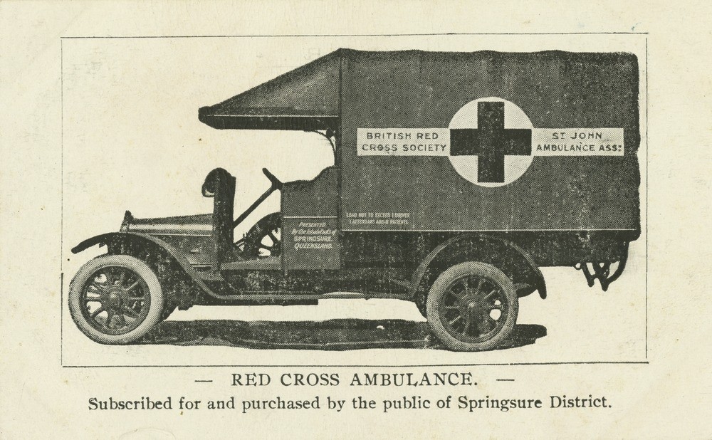 Postcard featuring a the Red Cross ambulance subscribed for and purchased by the public of Springsure District.