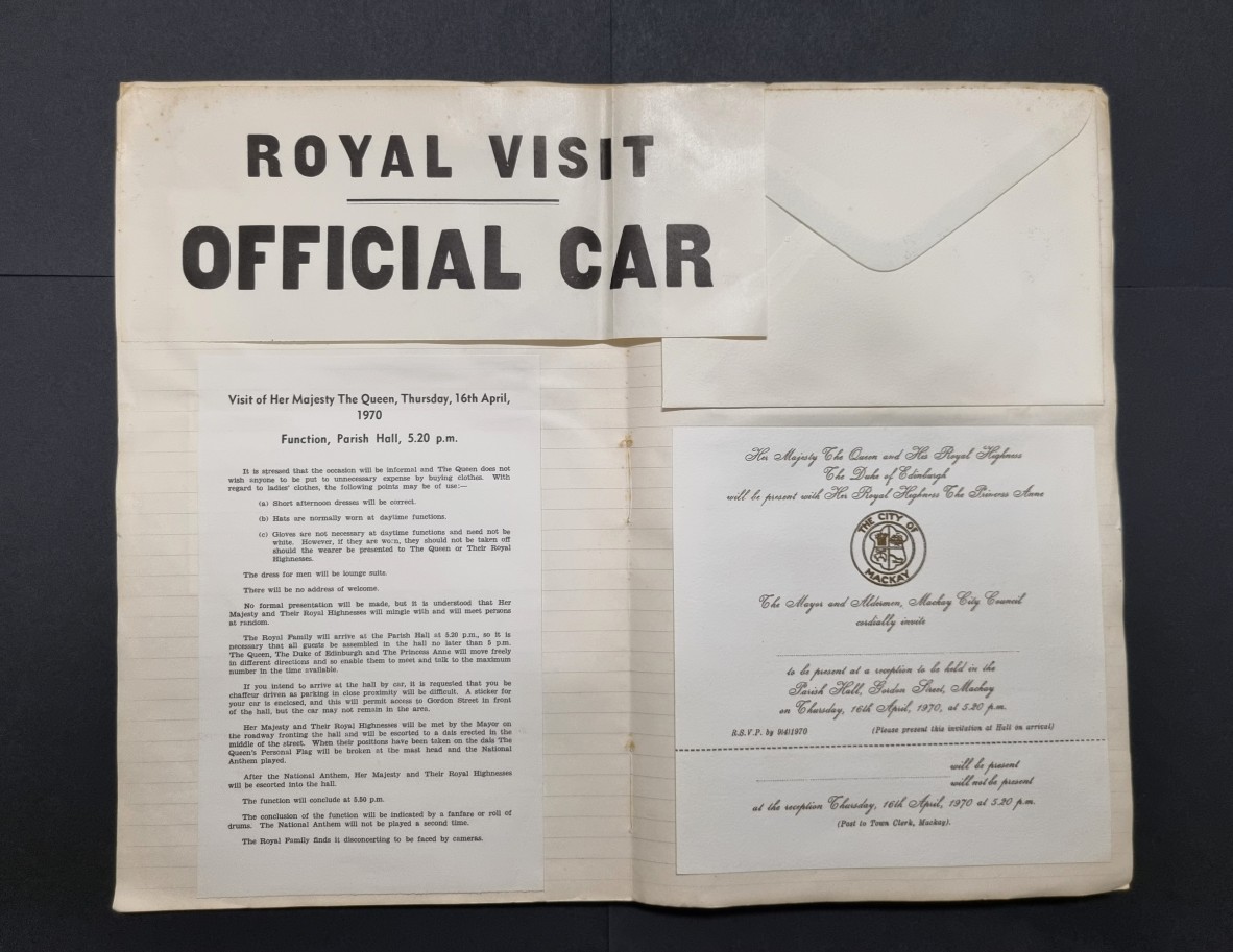 Ephemera pasted into a Mackay City Council scrapbook of the Royal visit to Mackay 1970 