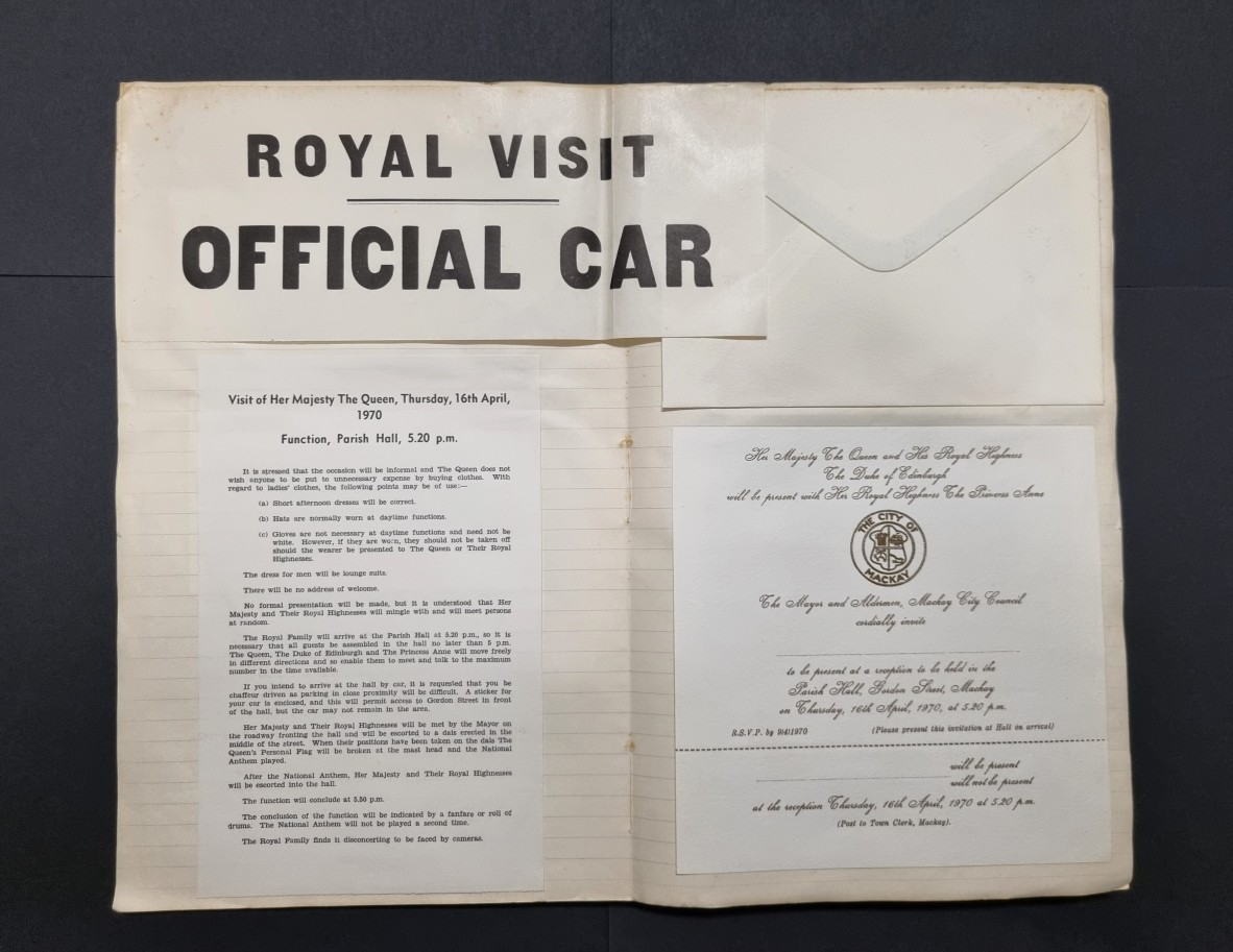 Ephemera pasted into a Mackay City Council scrapbook of the Royal visit to Mackay, 1970.