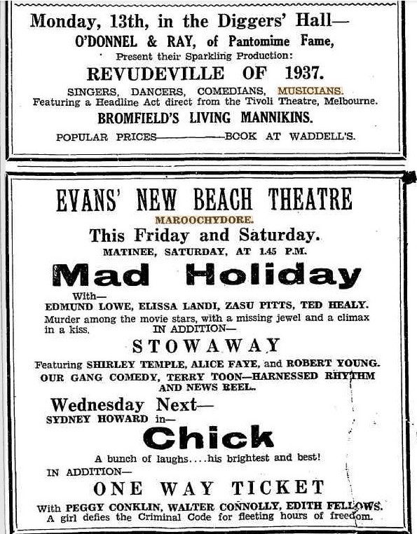 Newspaper advertisement for beach theatre from The Nambour Chronicle and North Coast Advertiser 1937