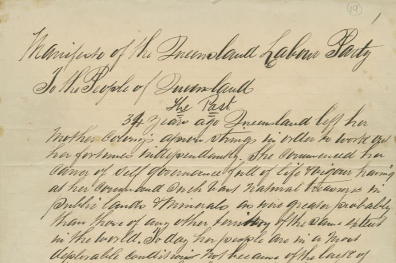 A section of the 'Manifesto of the Queensland Labour Party' - a handwritten page