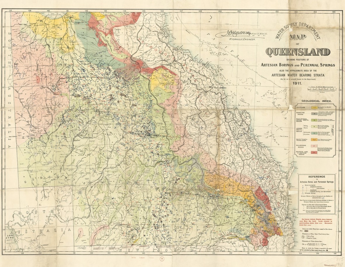 Map of Queensland, showing positions of artesian bores and perennial springs also the approximate area of the artesian water bearing strata. 1911.