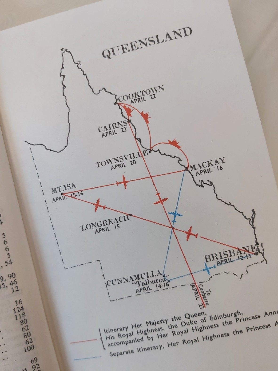 Map of Queensland showing flight paths and destinations across Queensland of the 1970 royal visit including Princess Annes detour to Cunnamulla 