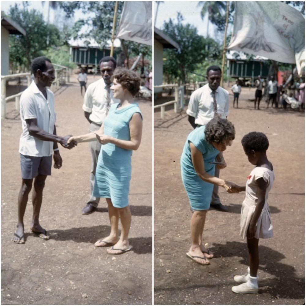 Margaret Lawrie presenting sports awards to champion boy athlete and schoolgirl athlete on Boigu Island, Queensland, 1968. Acc TR 1791/173 Margaret Lawrie Collection of Torres Strait Islander Material 1964 – 1998