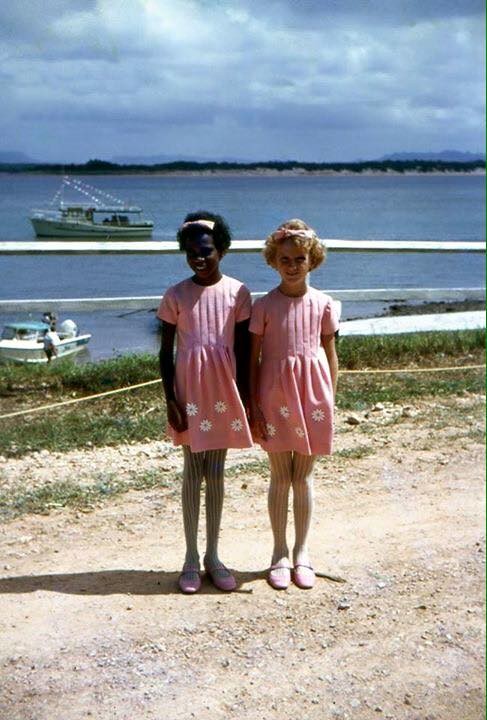 L – R Jennifer Creek and Margaret Rootsey in matching dresses prepare for the Royal visit in Cooktown, 1970.