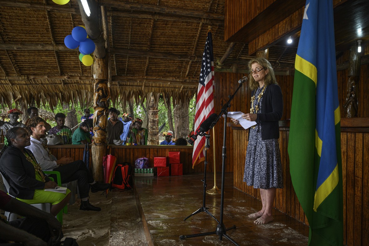 A photo of US Ambassador to Australia, Caroline Kennedy, speaking at a ceremony in the Solomon Islands 