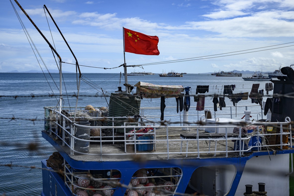 A photo of a Chinese fishing vessel sitting at the dock in the port of Suva, Fiji. 