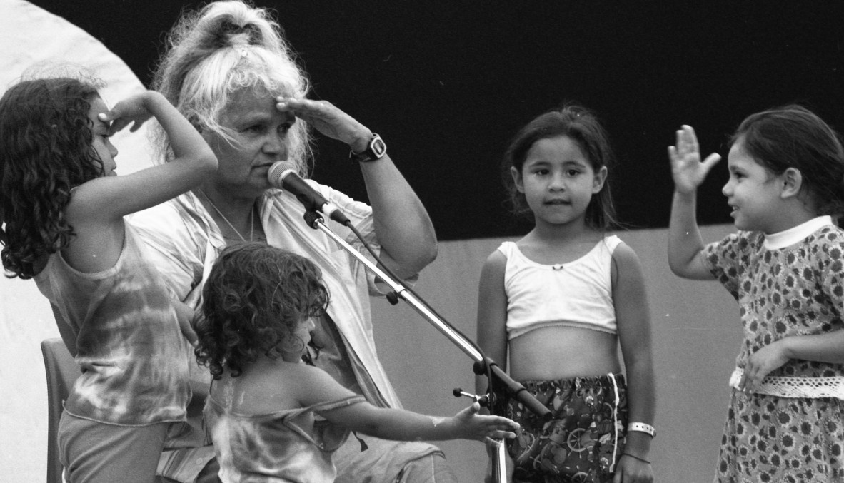 Maureen Watson and grandchildren at the Woodford Folk Festival, Queensland, 1998 JO-ANNE DRIESSENS b.1970- Jo-Anne Driessens Photographs, John Oxley Library State Library of Queensland Image no. 30299-0001-0040