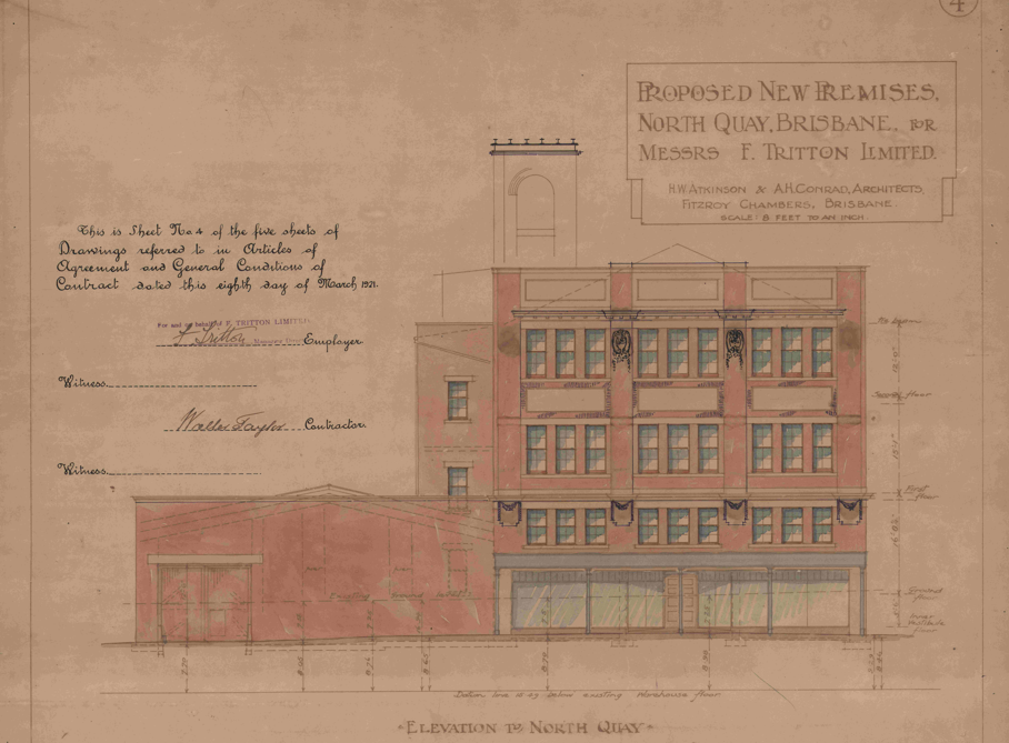 H W Atkinson and A H Conrad, Architects, Part of 1920 Architectural Plan for Proposed New Premises, North Quay  for Messrs F Tritton Ltd, 1920.