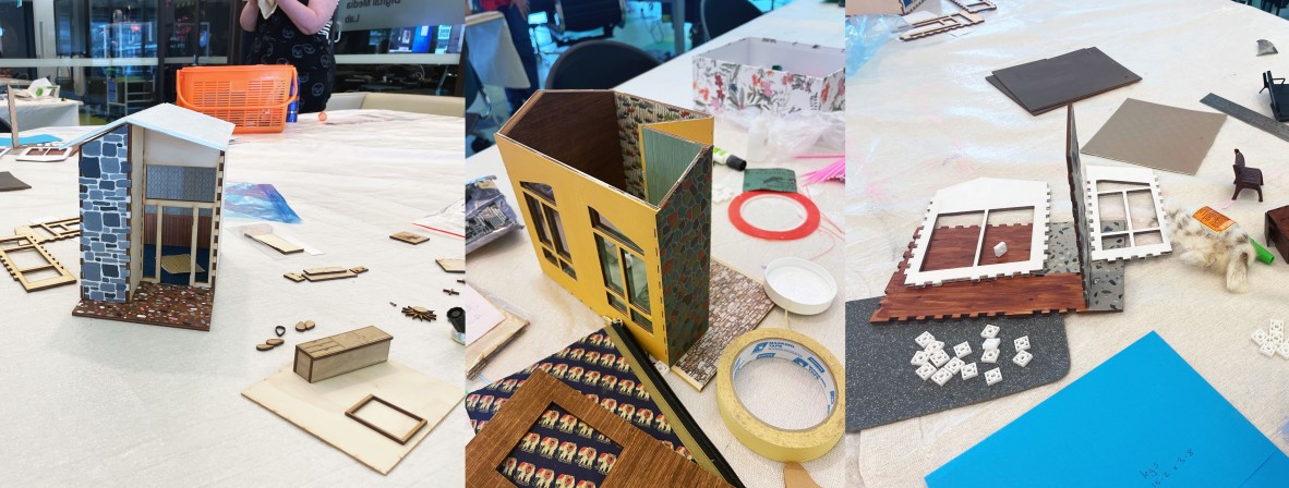 a collage of photos showing different stages of the building of a mid-century book nook. 
