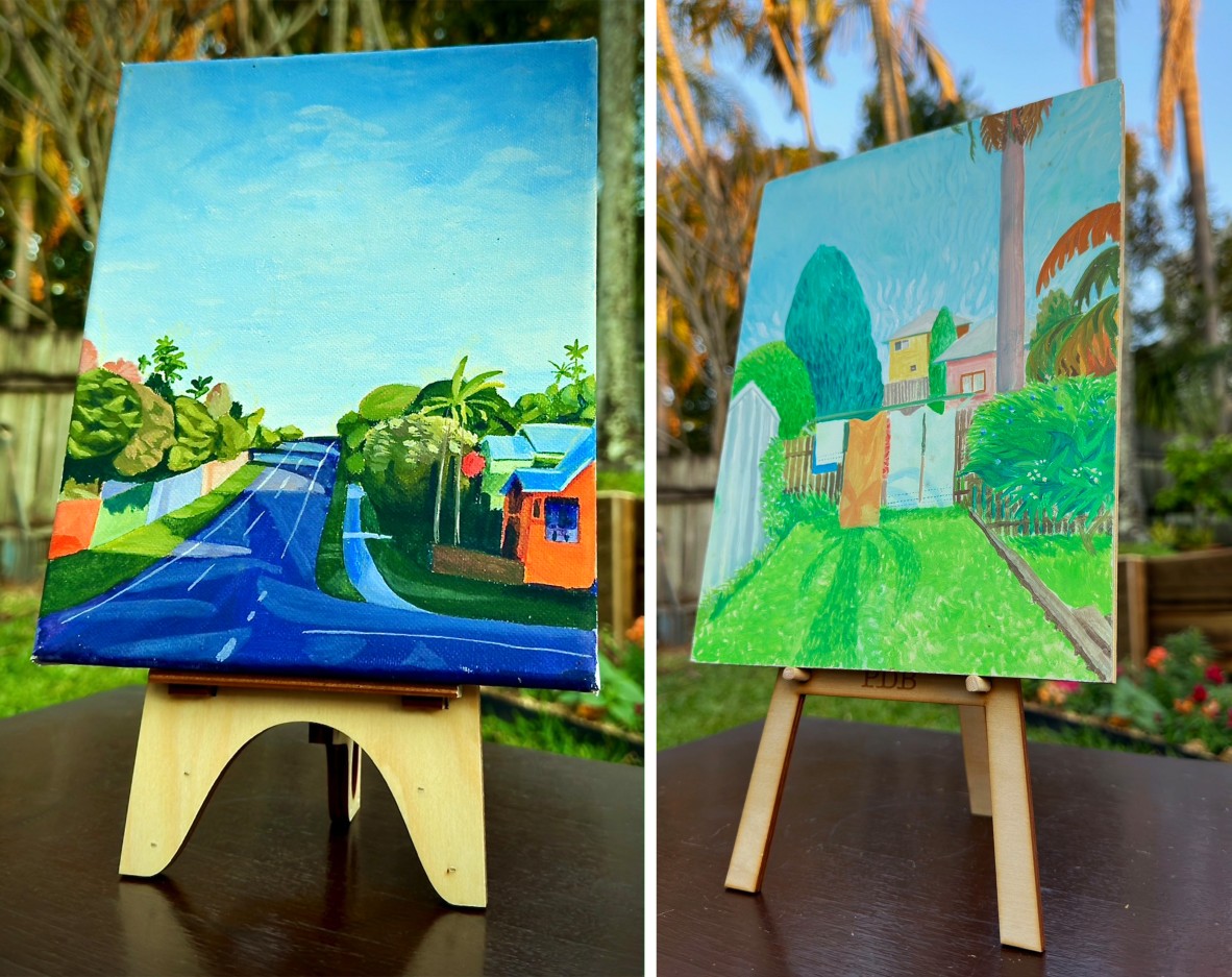 Two photos of wooden laser cut mini easels with two paintings on either one