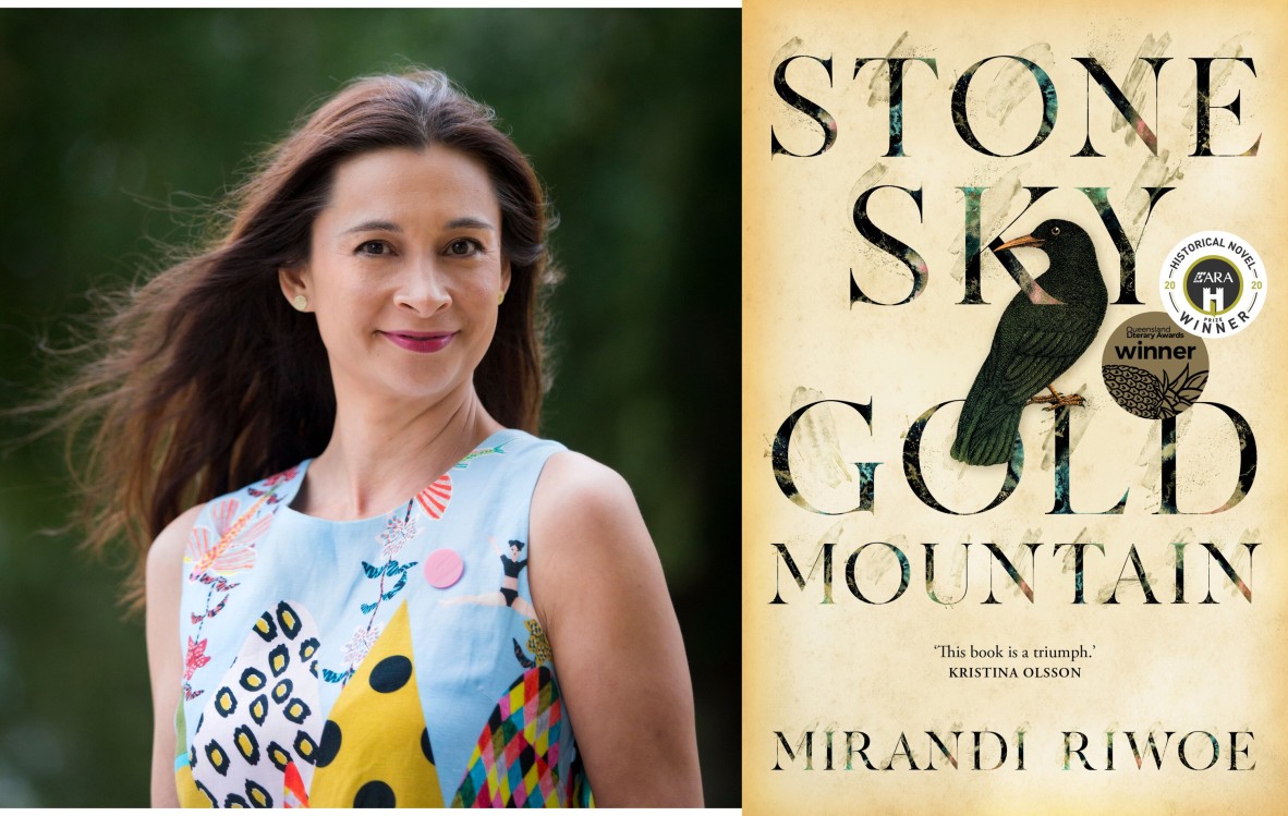 Mirandi Riwoe stands outside in a bright dress against a green background; the cover of Stone Sky Gold Mountain