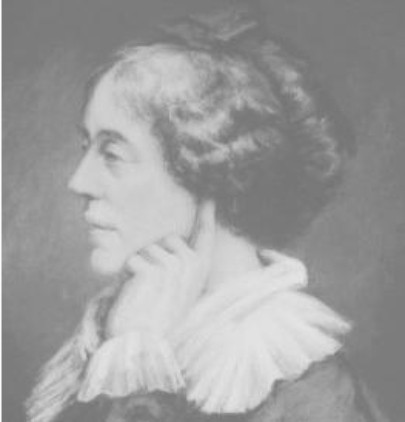 A picture of a woman in side profile with a ruffled collar and sleeve and hair in a bun