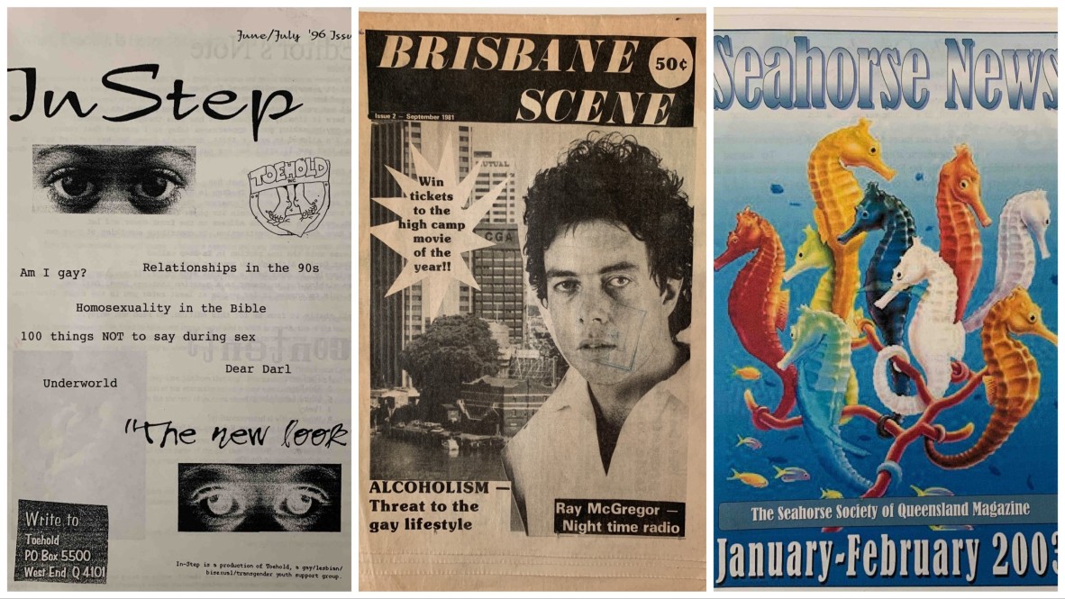 Front covers of three zines - In Step, Brisbane Scene and Seahorse News