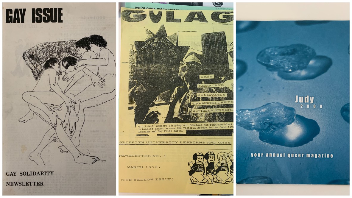 Front covers of three zines - Gay Solidarity Newsletter, Gulag and Judy