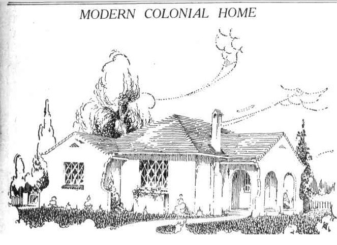 Newspaper article sketch for a "Modern Colonial Home", "Telegraph" (Brisbane) 10 July 1934 p20