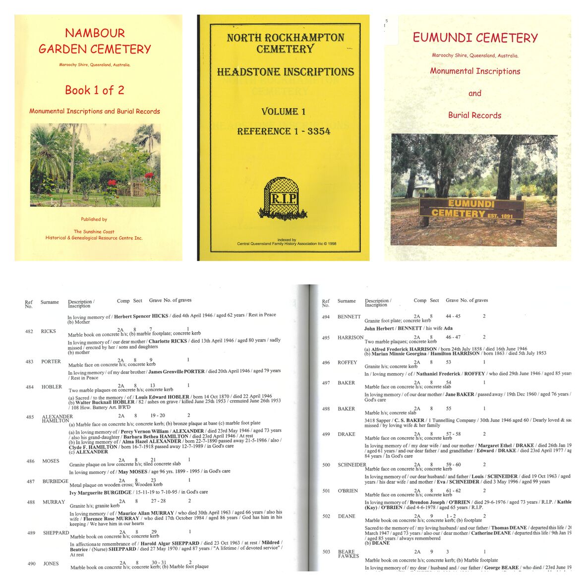 Three Queensland cemetery books and a sample page