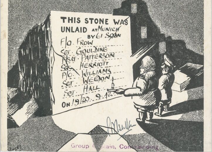 Signed postcard celebrating the raid on Munich in Charles Williams logbook. 