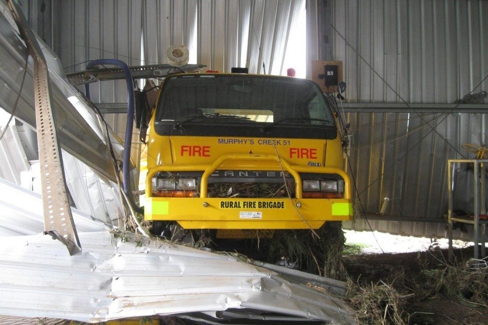 Murphys Creek rural fire brigade shed which was damaged extensively by the flood
