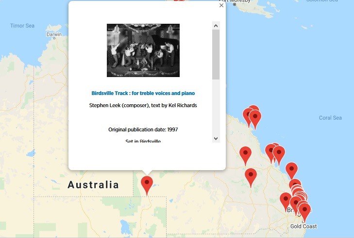 Music map of Queensland displaying song details for 'Birdsville Track' by Stephen Leek