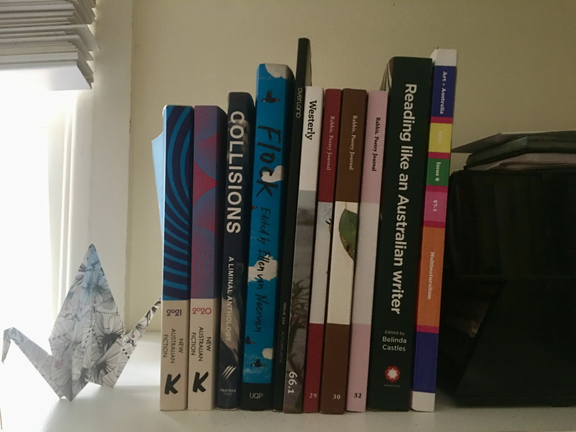 Mykaela Saunders bookshelf including literary journals books of essays and short story collections A paper crane sits next to the first book