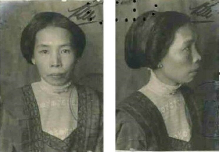 Black and white photo of woman in high-necked dress with hair in bun. Front on portrait and photo of her right side.