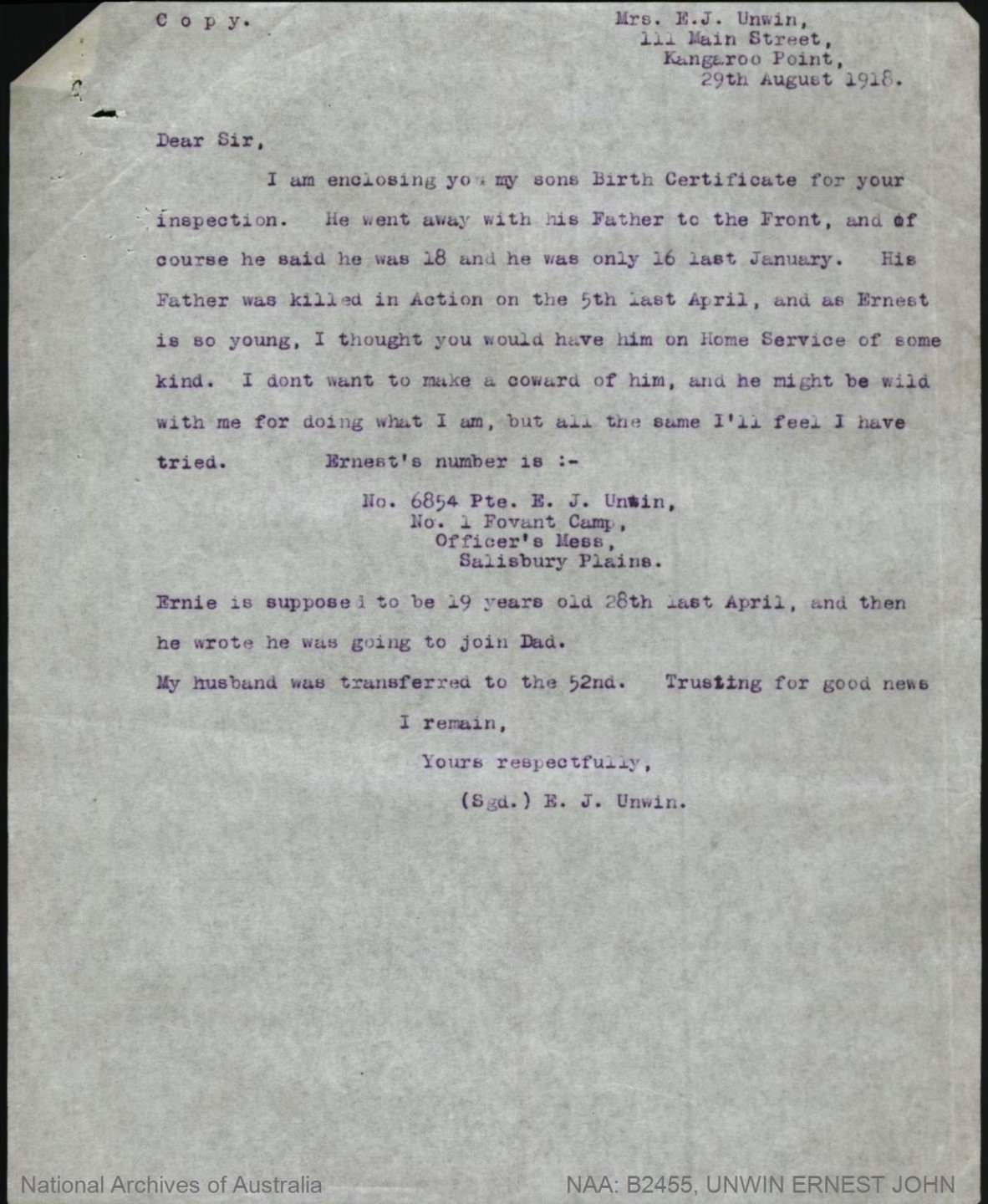 Letter written by Ernest Unwins mother Ellen Jane Unwin asking the Australian Army to bring home her son from the French battlefields during the First World War as he enlisted under aged
