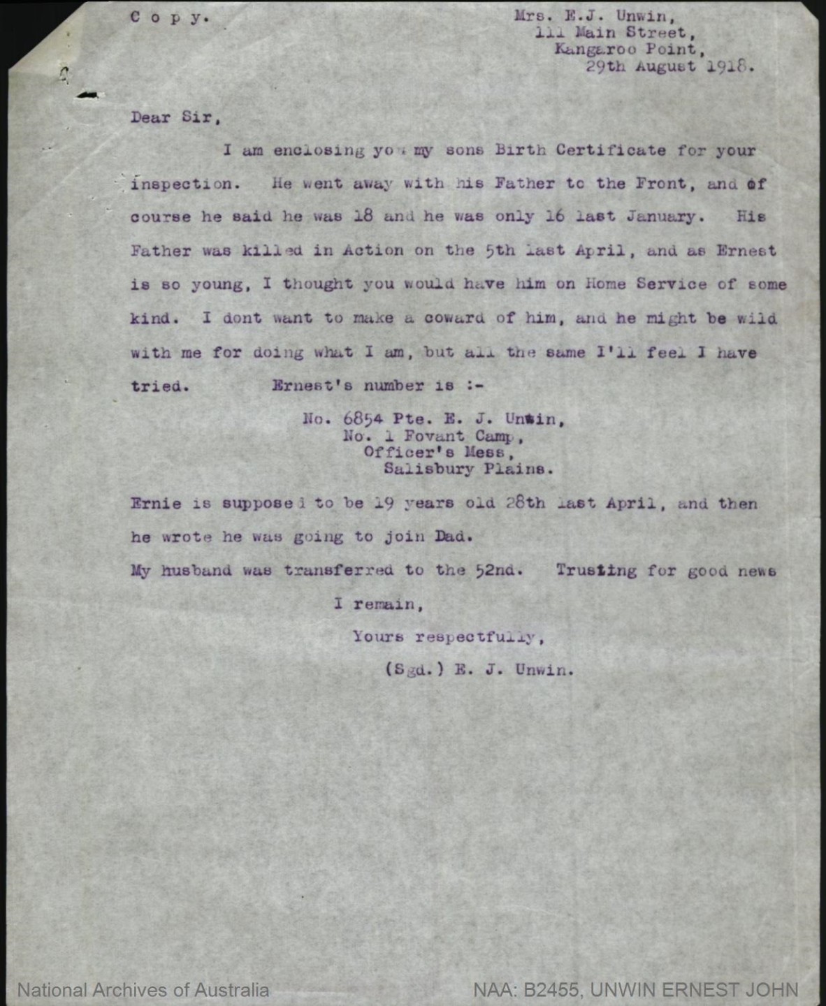 Letter written by Ernest Unwin's mother, Ellen Jane Unwin asking the Australian Army to bring home her son from the  French battlefields during the First World War as he enlisted under aged.