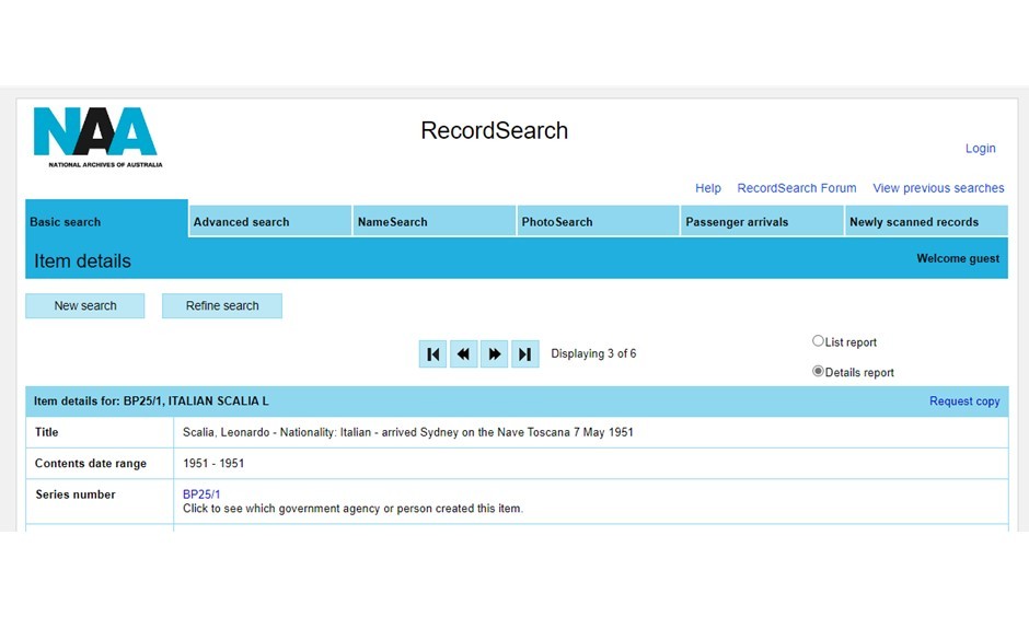 National Archives of Australia RecordSearch results page for Leonardo Scalia