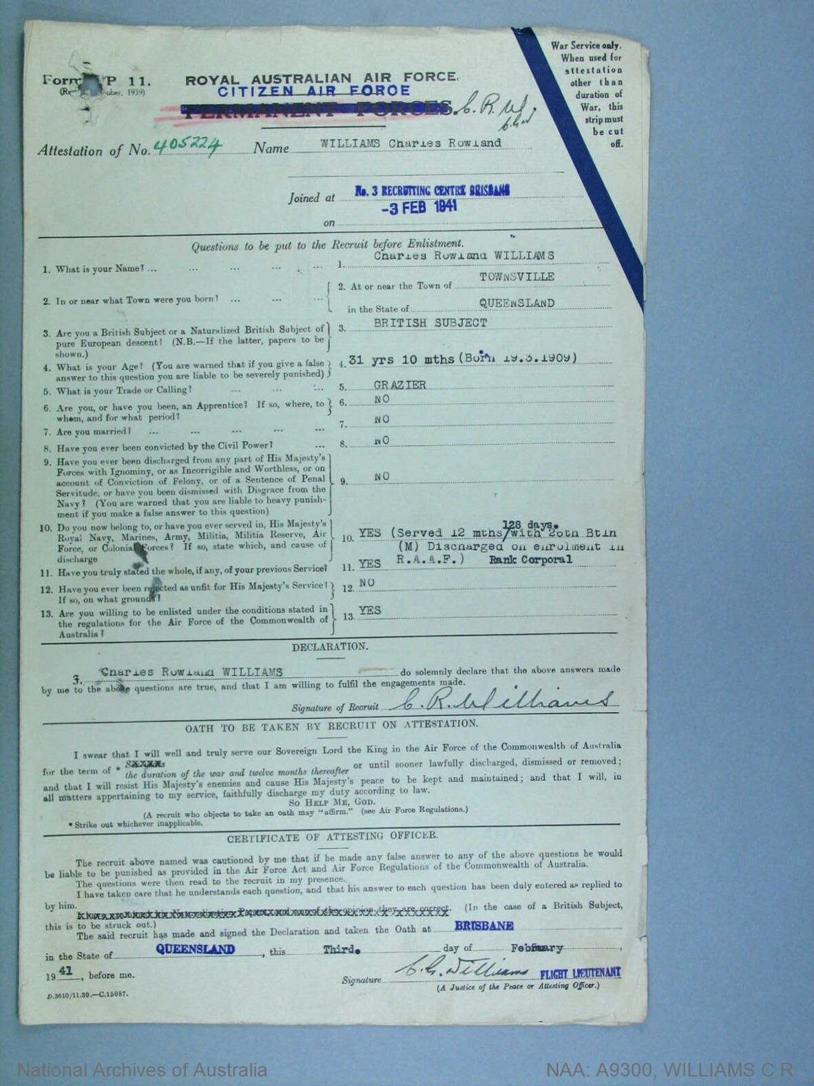 Charles Rowland Williams World War Two Service Records