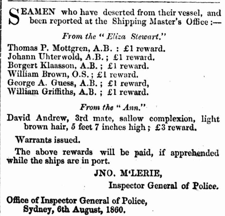 Item from NSW Government Gazette, 7 August 1860, relating to seamen who have deserted from their vessel