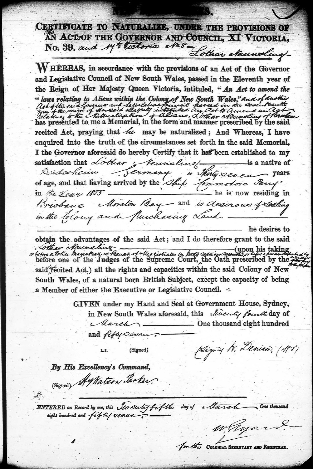 New South Wales Certificate of Naturalisation 1857