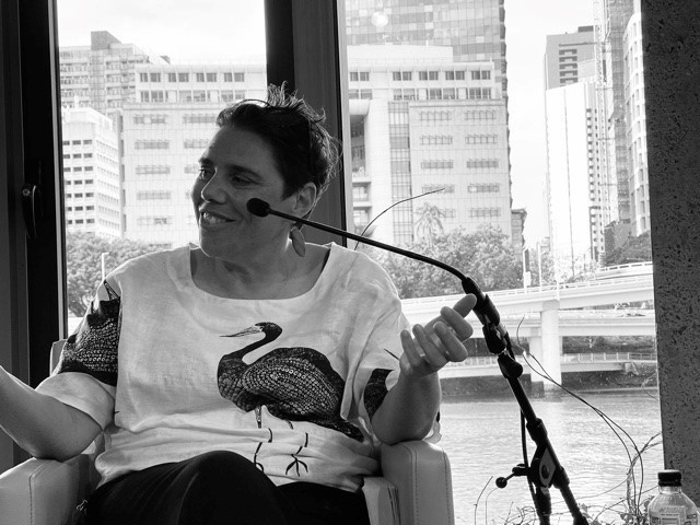 A black and white image of Nardi Simpson speaking at Brisbane Writers Festival 2021 