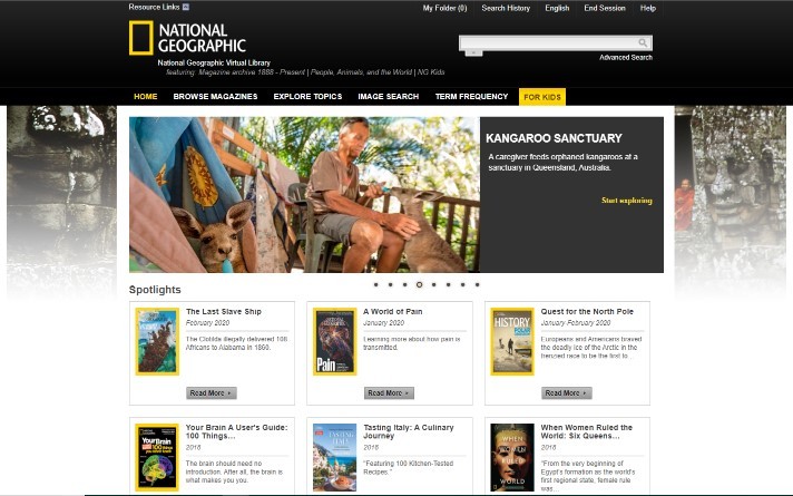 Image of National Geographic Virtual Library database home page