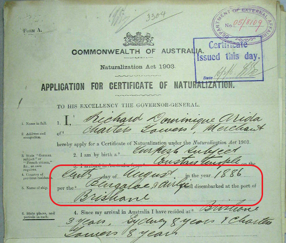 Naturalisation document for Richard Arida 1905 from National Archives from Australia