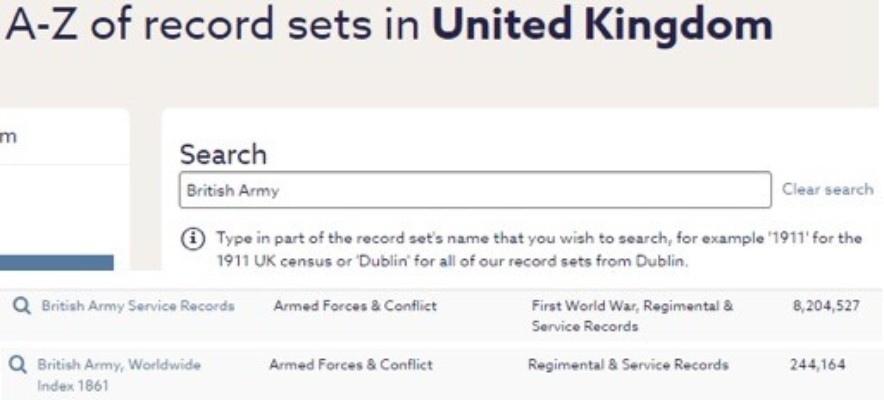 Search of A-Z of record sets for British Army records in Findmypast