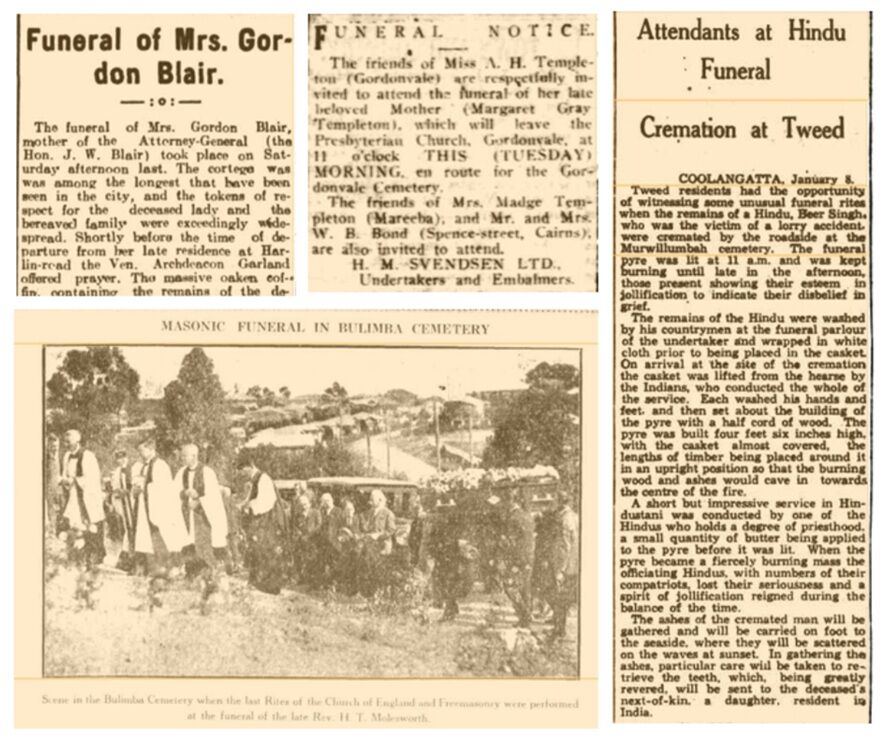 Two funeral notices, an article about a Hindi cremation at Tweed, and a photo of a Masonic funeral