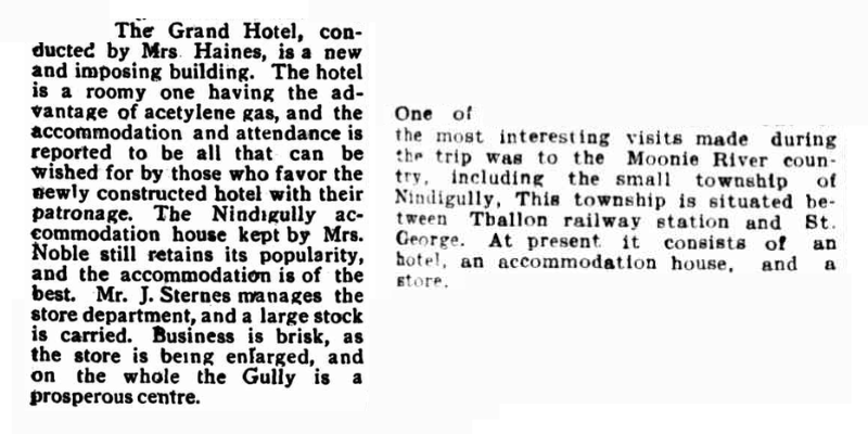 Snippets of two newspaper articles reporting on the existence of both an accommodation house and a hotel in Nindigully.