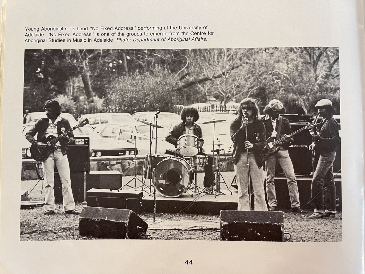 Young Aboriginal rock band "No Fixed Address" performing at the University of Adelaide. "No Fixed Address" is one of the groups to emerge from the Centre for Aboriginal Studies in Music in Adelaide. 